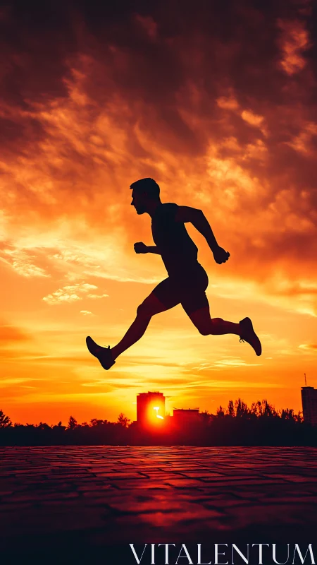 Runner silhouette leaping across vivid urban sunset sky.