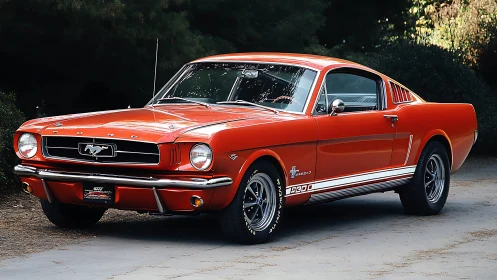 Red 1960s Ford Mustang fastback parked on driveway.
