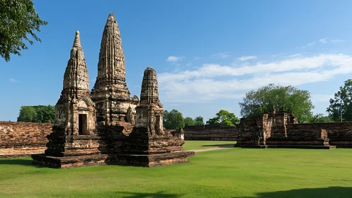 Ancient brick temple ruins rise over lush green courtyard lawn.