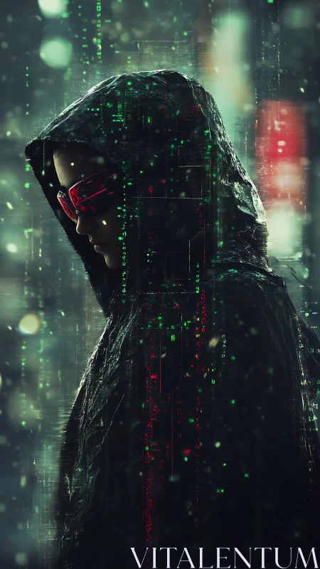 Hooded cyber wanderer pausing inside a glowing data storm.