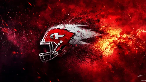 Exploding red football helmet streaks through fiery cosmos.