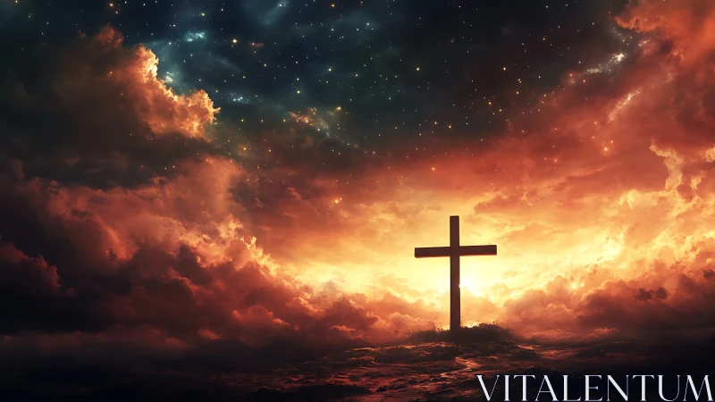 Solar storm of faith blazing around a lone horizon cross.