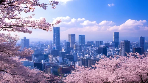 Springtime city skyline framed by soft pink cherry blossoms.