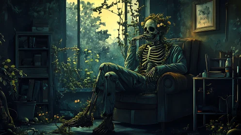 Skeleton in overgrown armchair sits in decayed living room