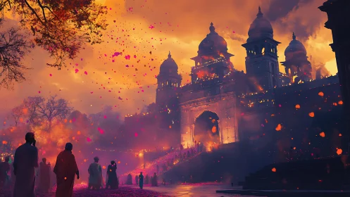 Petals in twilight ignite a palace of luminous devotion.