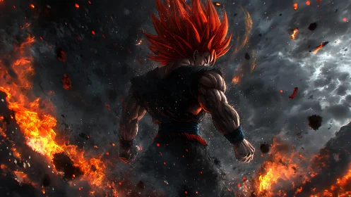 Storm‑crowned warrior strides through a ring of living fire.