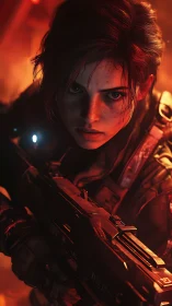 Battle-hardened sci-fi soldier advances through red haze.