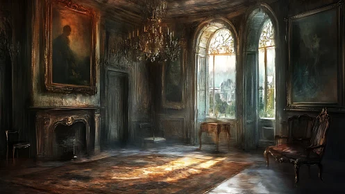 Sunlit abandoned salon renders decaying aristocratic grandeur