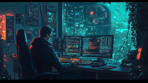 Midnight coder steering neon data currents through glass towers.