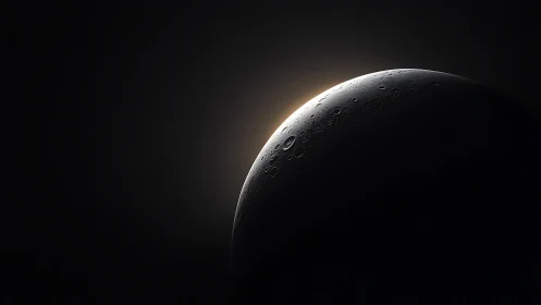 Silent lunar crescent crowned by a hushed cosmic sunrise.