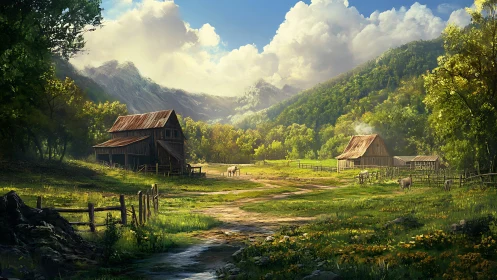 Sunlit mountain farmstead rests in a tranquil green valley