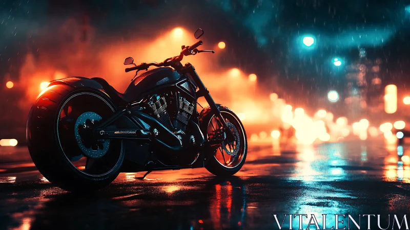 Custom motorcycle stands on wet city street in night rain