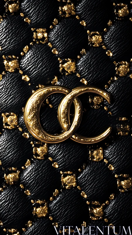 Luxury black leather quilt with gold monogram emblem detail.