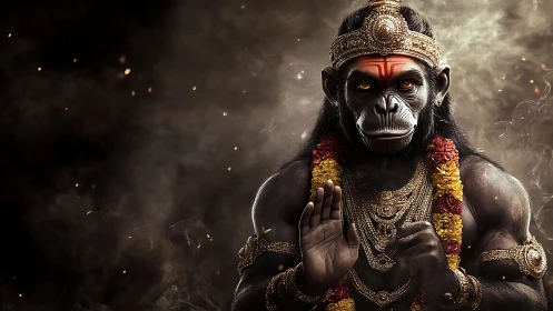 Mythic humanoid ape deity in ornate gold and flower garlands.