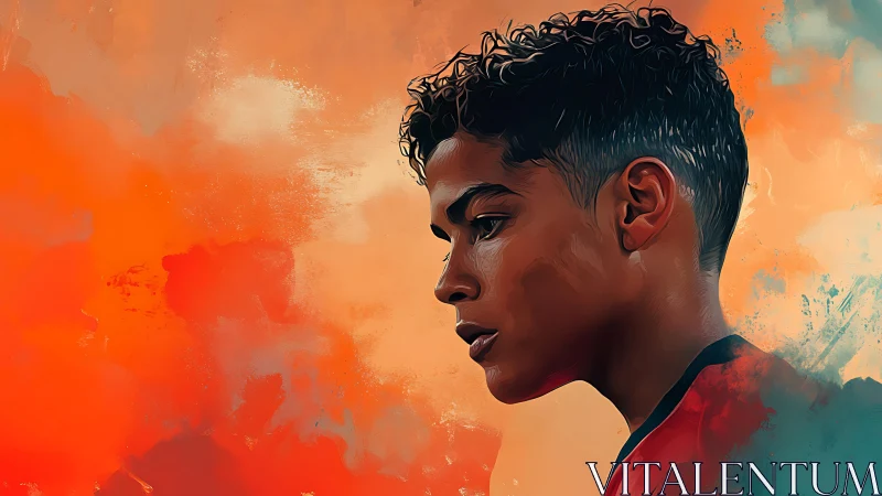 Pensive youth profile against vivid orange painted sky.