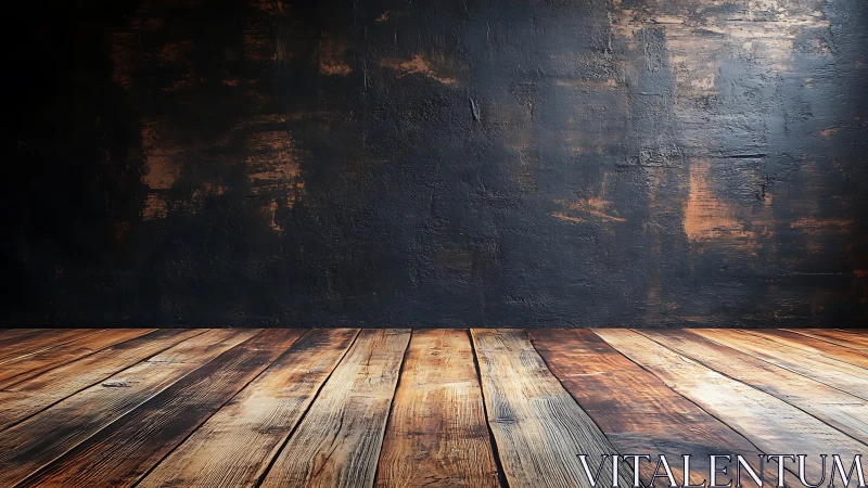 Empty wooden floor and textured dark wall interior background.