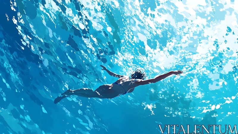 Underwater swimmer glides through refracted turquoise light.