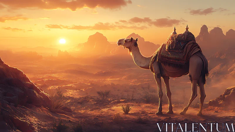 Camel with saddle standing in wide desert at sunset.