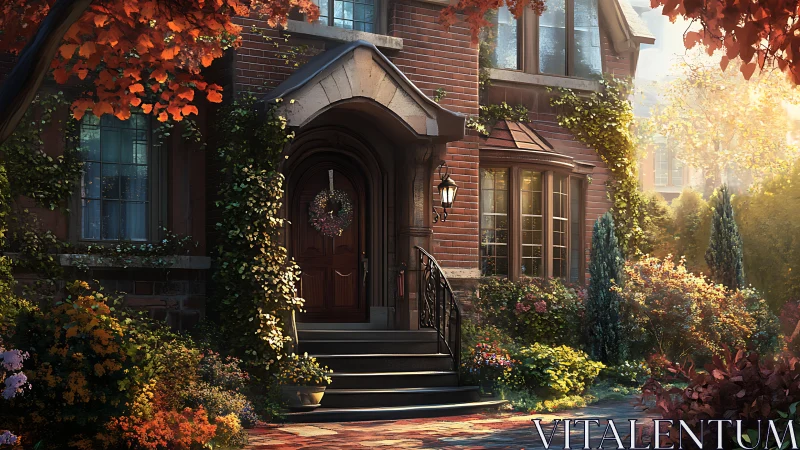 Brick townhouse entrance is framed by dense autumn foliage