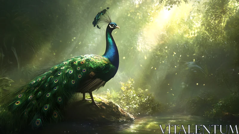 Emerald peacock poised in luminous jungle clearing at dawn.