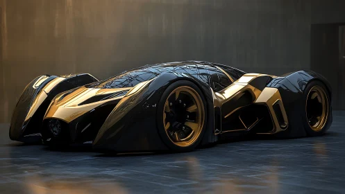 Futuristic gold and black hypercar rendered with cinematic 3D lighting