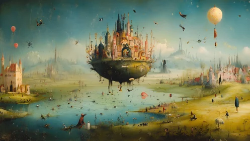 Surreal floating citadel above whimsical dream marshland.