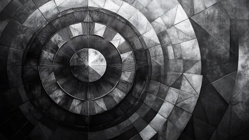 Concentric metallic geometric pattern in grayscale composition.