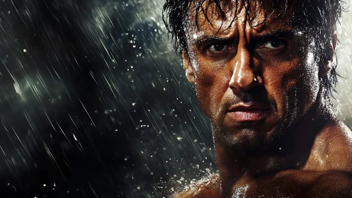 Storm-lit portrait of a determined fighter in the rain.