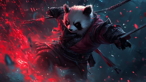 Dynamic panda swordsman in cinematic digital battle scene.