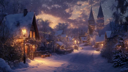 Nocturnal winter village lane under luminous festive illumination.