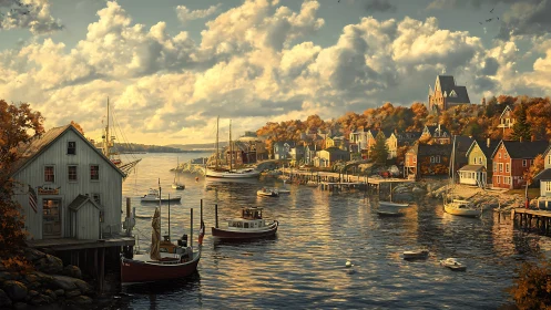 Golden hour settles over a tranquil autumn harbor village