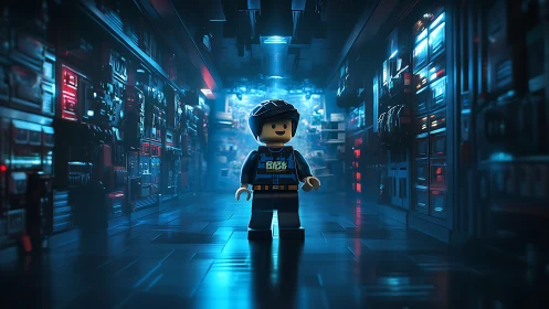 Lego-style figure in blue lit sci fi corridor environment.