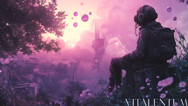 Solitary traveler gazes at neon dusk in dreamy pink sky.