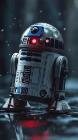 Small cylindrical robot stands on wet reflective ground