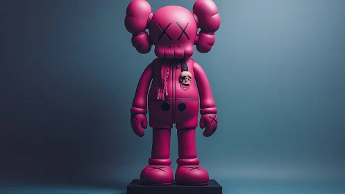 Playful pink toy figure stands bold against soft teal light