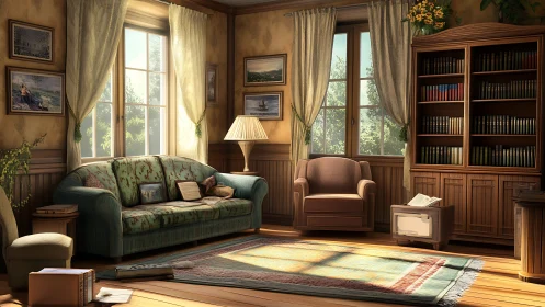Sunlit classic reading lounge with vintage wood finishes.