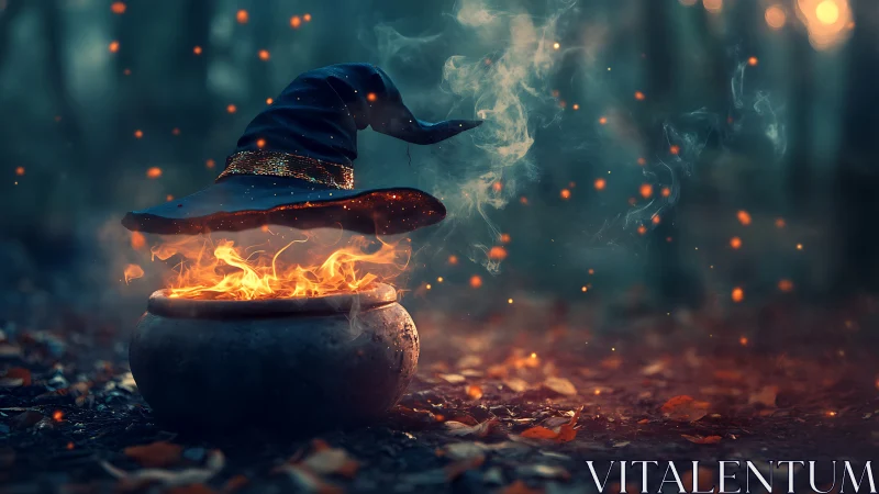 Witch hat hovers over flaming cauldron in misty forest scene