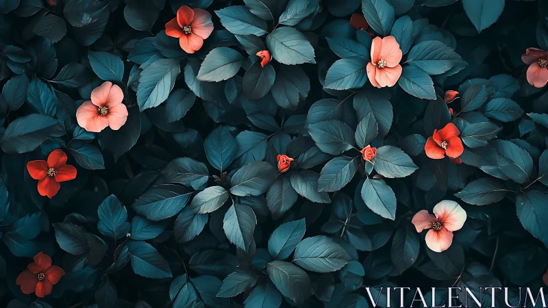 Coral Blooms Against Deep Teal Foliage Overhead Shot.