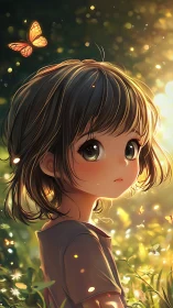 Soft sunlight bathes anime girl and butterflies in meadow glow.