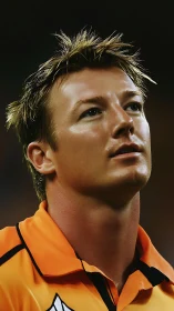 Portrait study of focused athlete in orange sports jersey.