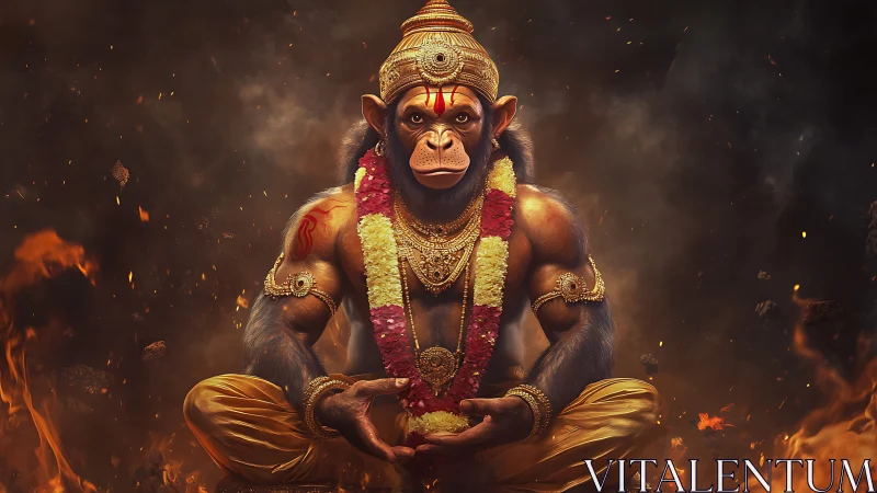 Divine monkey warrior meditates in roaring cosmic firestorm.