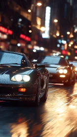 Photorealistic sports cars on wet neon city street at night.