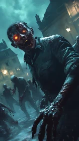 Glowing eyed zombie horde advances through foggy city street.