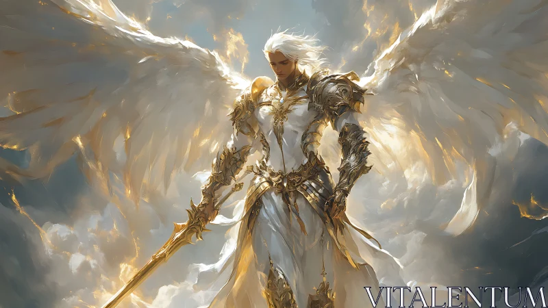 Radiant skyborne archangel wreathed in stormlit gold fire.
