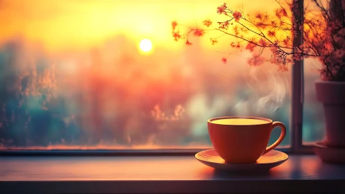 Sunrise steam and pastel skies over a quiet window cup.