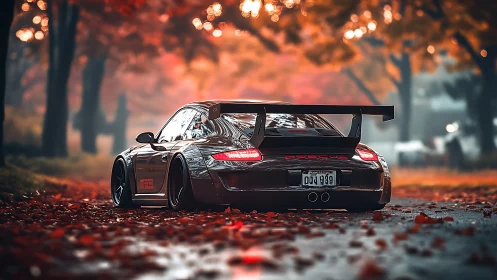 Photorealistic Porsche rear profile on autumn forest lane.