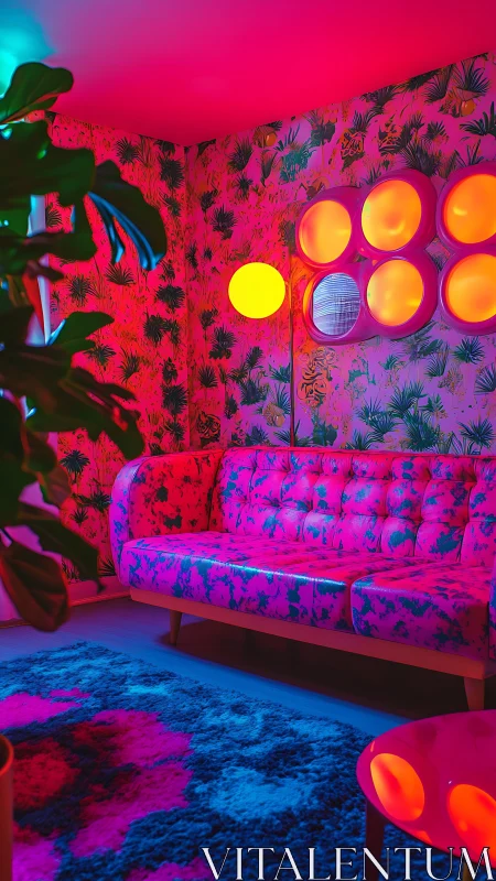 Neon-lit retro lounge with botanical wallpaper and sofa.