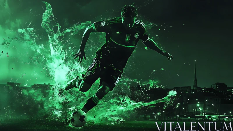 Dynamic green-lit soccer player kicking ball at night field.
