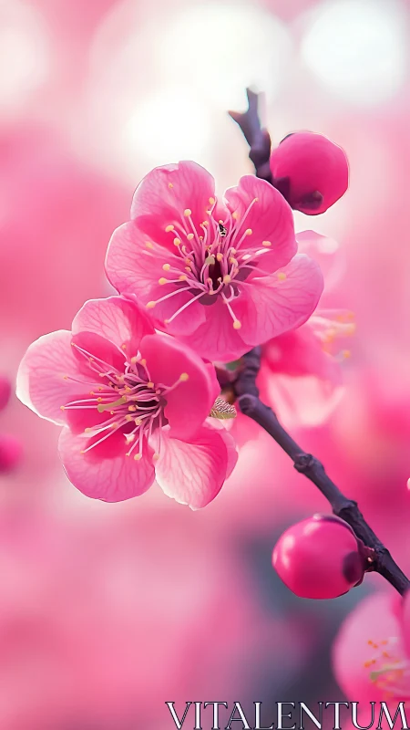 Vibrant Pink Cherry Blossoms on Dark Branch