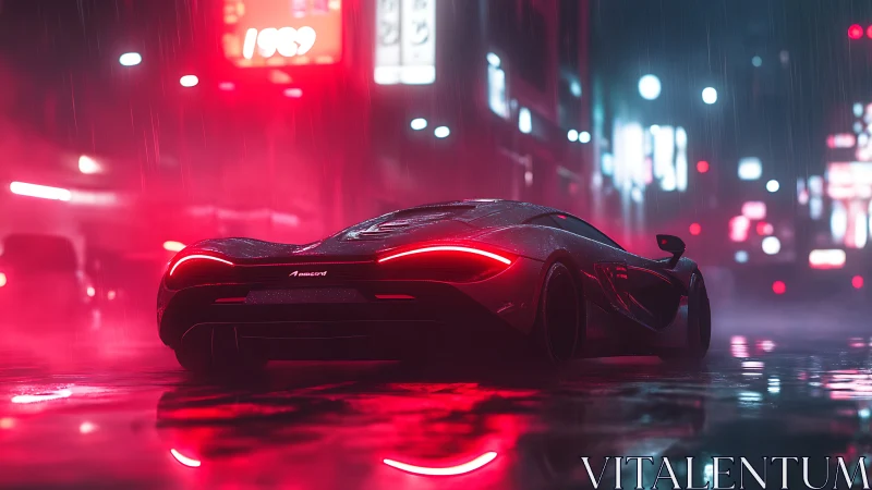 Cyberpunk supercar in neon-soaked rainy alleyway perspective.